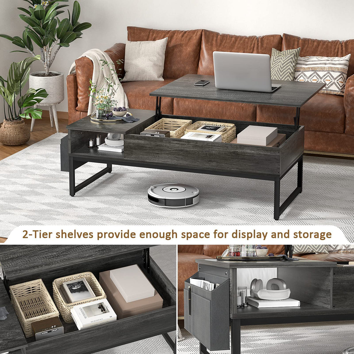 Lift Top Coffee Table with Storage, Wood Lifting Top Central Table Metal Frame