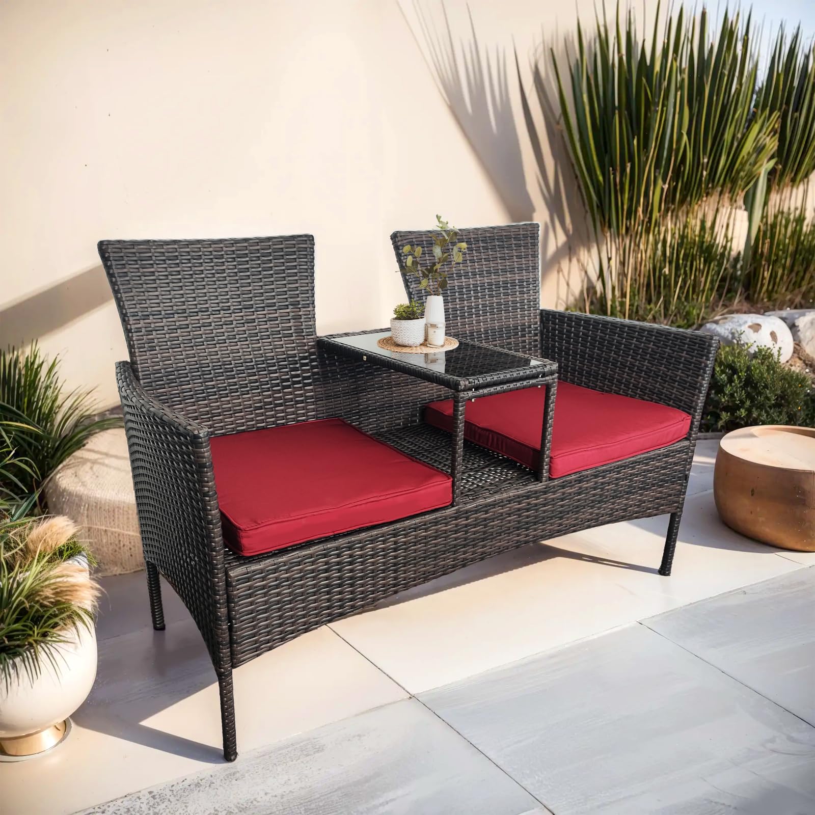 Outdoor Rattan Patio Loveseat,Wicker 2-Seat Outdoor Loveseat With Cushions