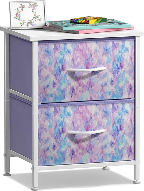 Nightstand with 2 Drawers - Kids Bedside Furniture End Table Night Stand - Steel Frame, Wood Top & Easy Pull Fabric Bins - Dresser & Chest for Home, Bedroom Accessories, Office & College Dorm