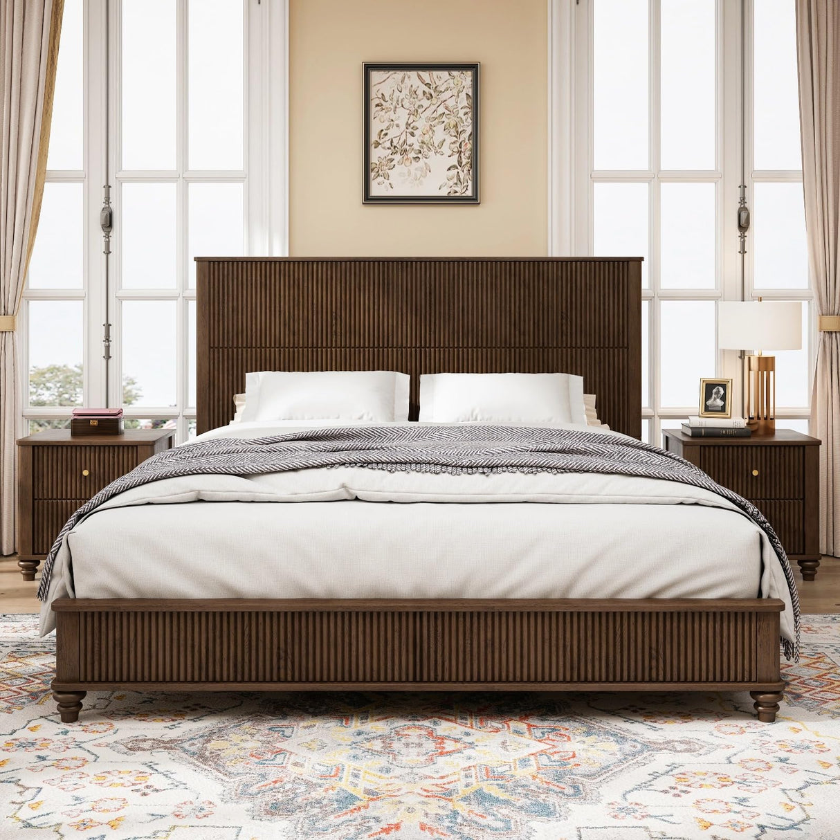 King Size Platform Bed Frame with Headboard - Walnut Finish
