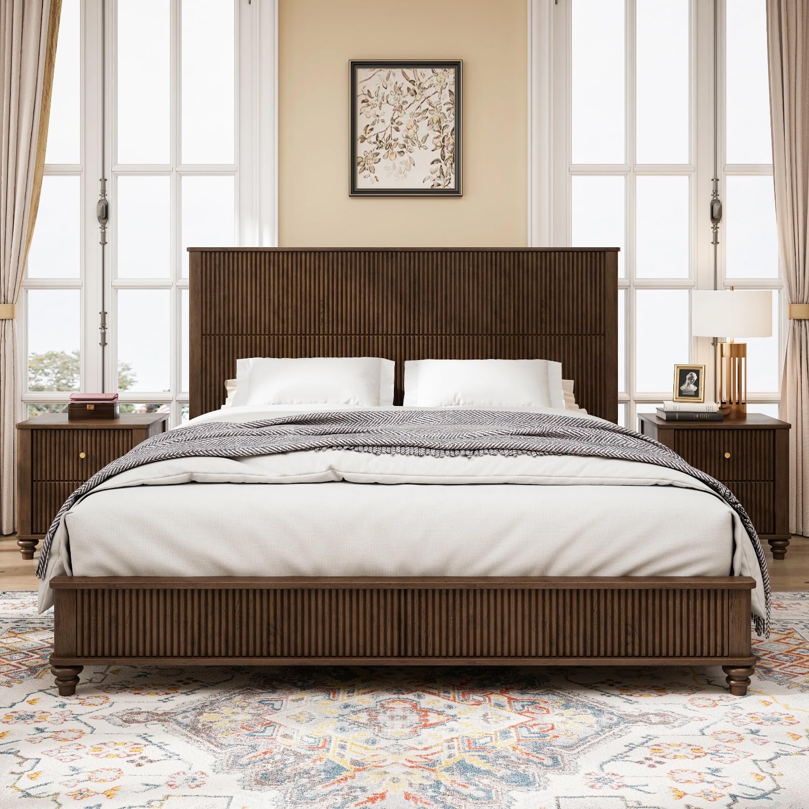 King Size Platform Bed Frame with Headboard - Walnut Finish
