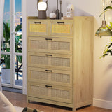 6 Drawer Dresser for Bedroom, Rattan Chest of Drawers with LED Lights, Wood Storage