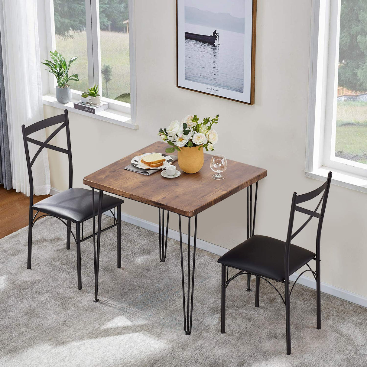 3 Piece Kitchen Dining Room Table and Chairs Set for Dinette, Breakfast Nook, Farmhouse