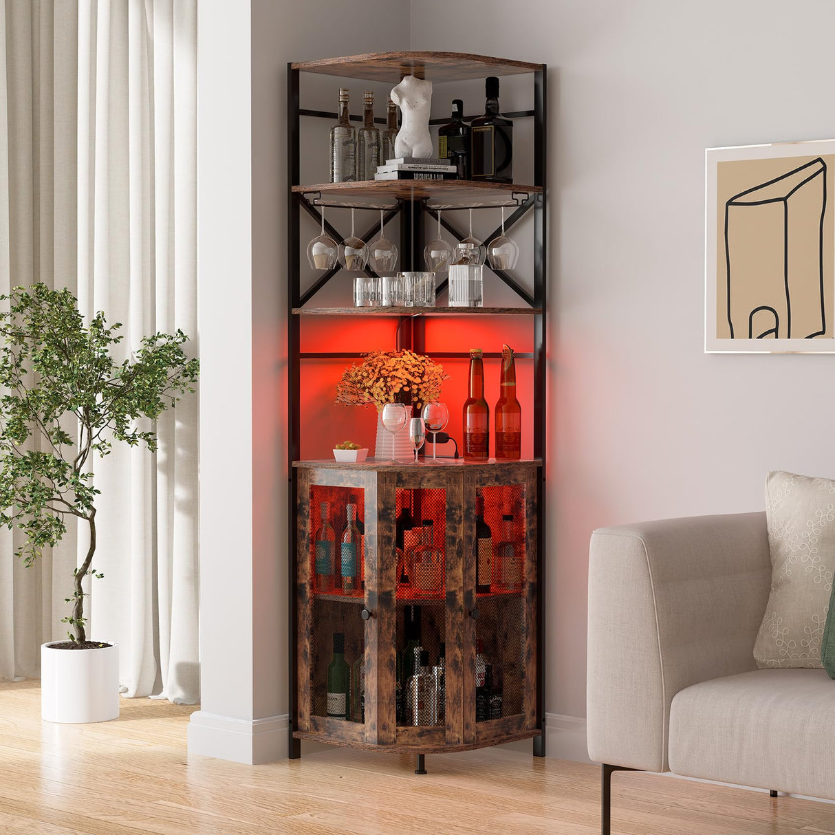 Wine Bar Cabinet with Power Outlet, 6-Tiers Industrial Wine Cabinet