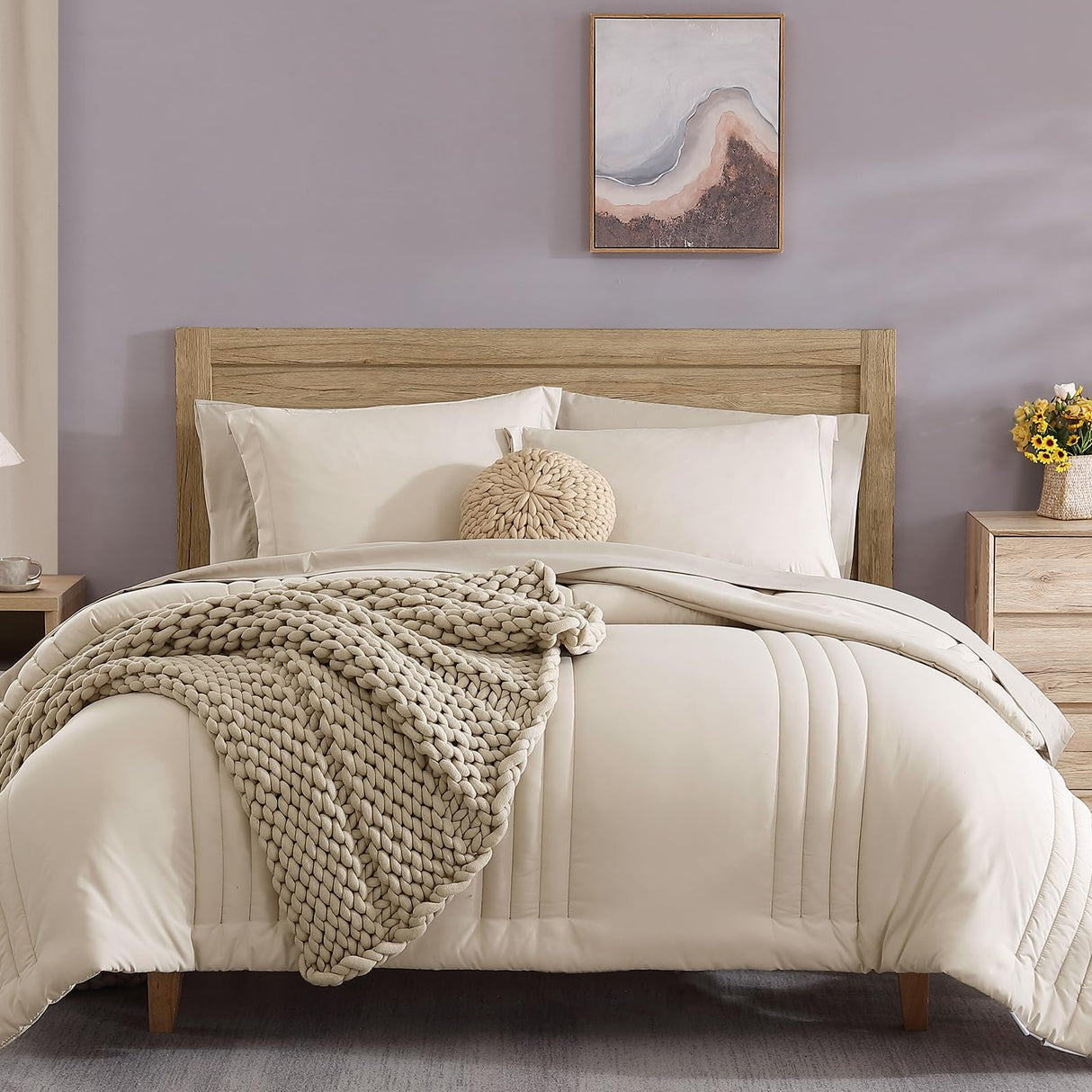 Queen Comforter Set - 7 Pieces Apricot Beige Bed in a Bag Queen Bedding