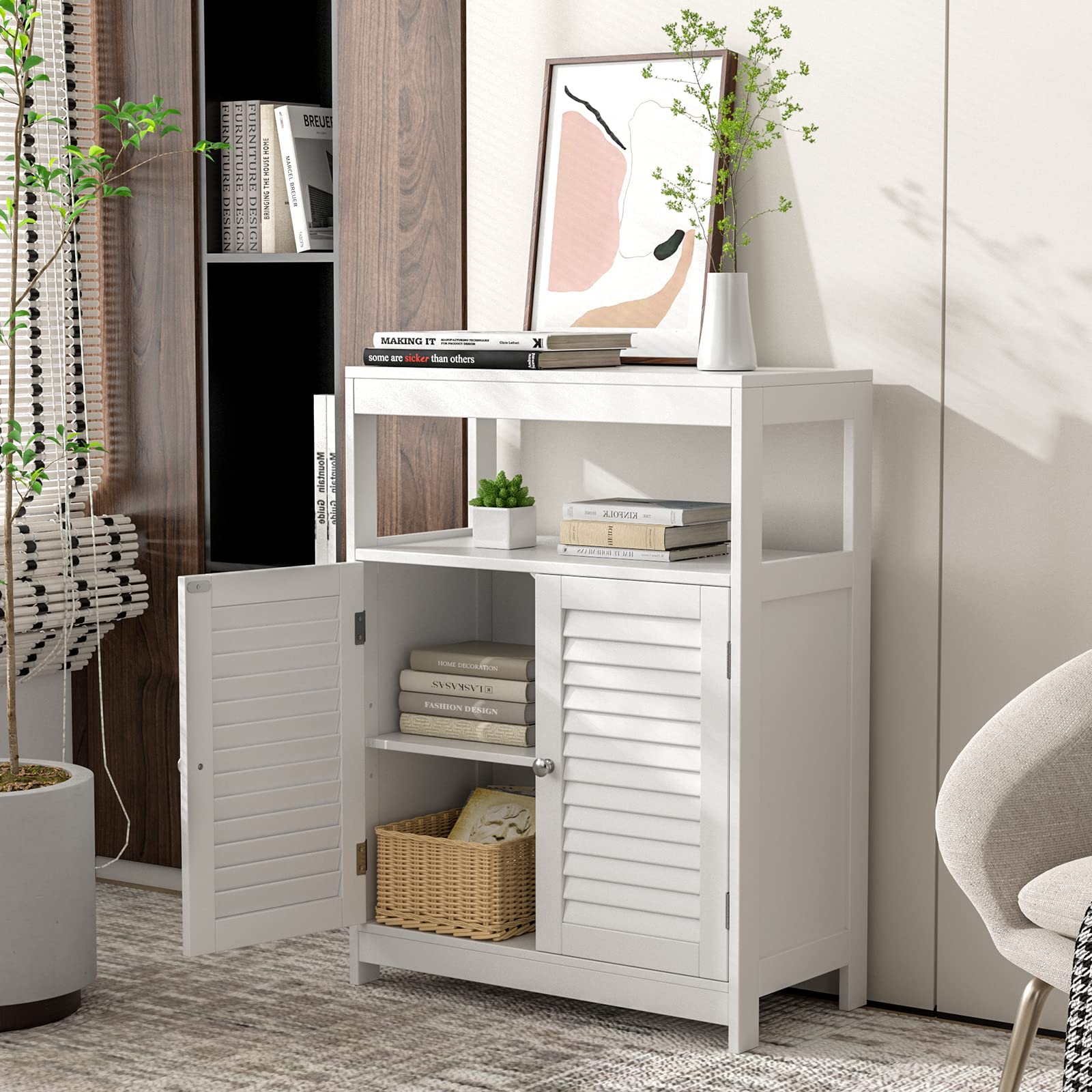 Bathroom Storage Cabinet, Freestanding Floor Cabinet w/Double Shutter Doors