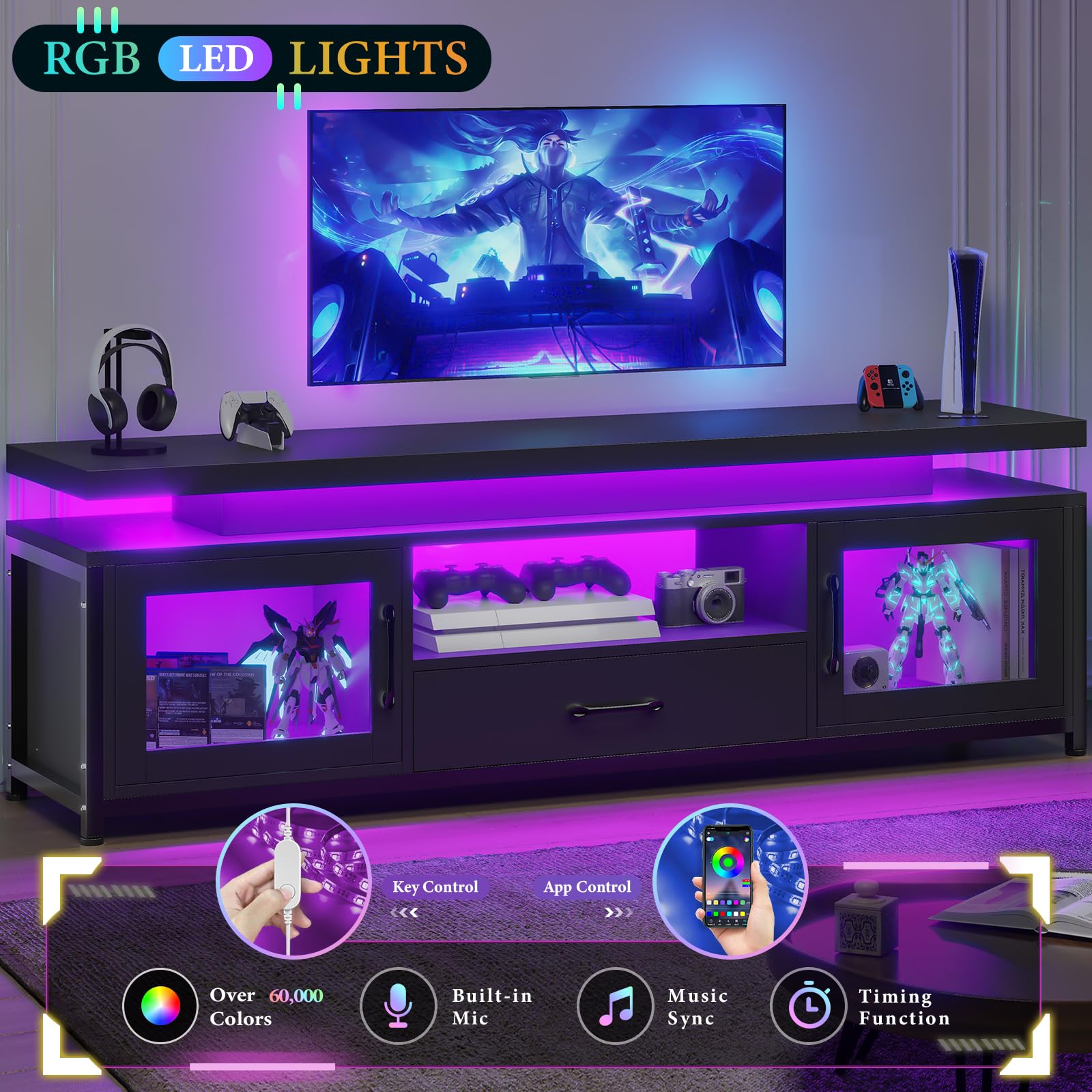 LED TV Stand with Power Outlets for 55/60/65 Inch TV, Gaming Entertainment Center