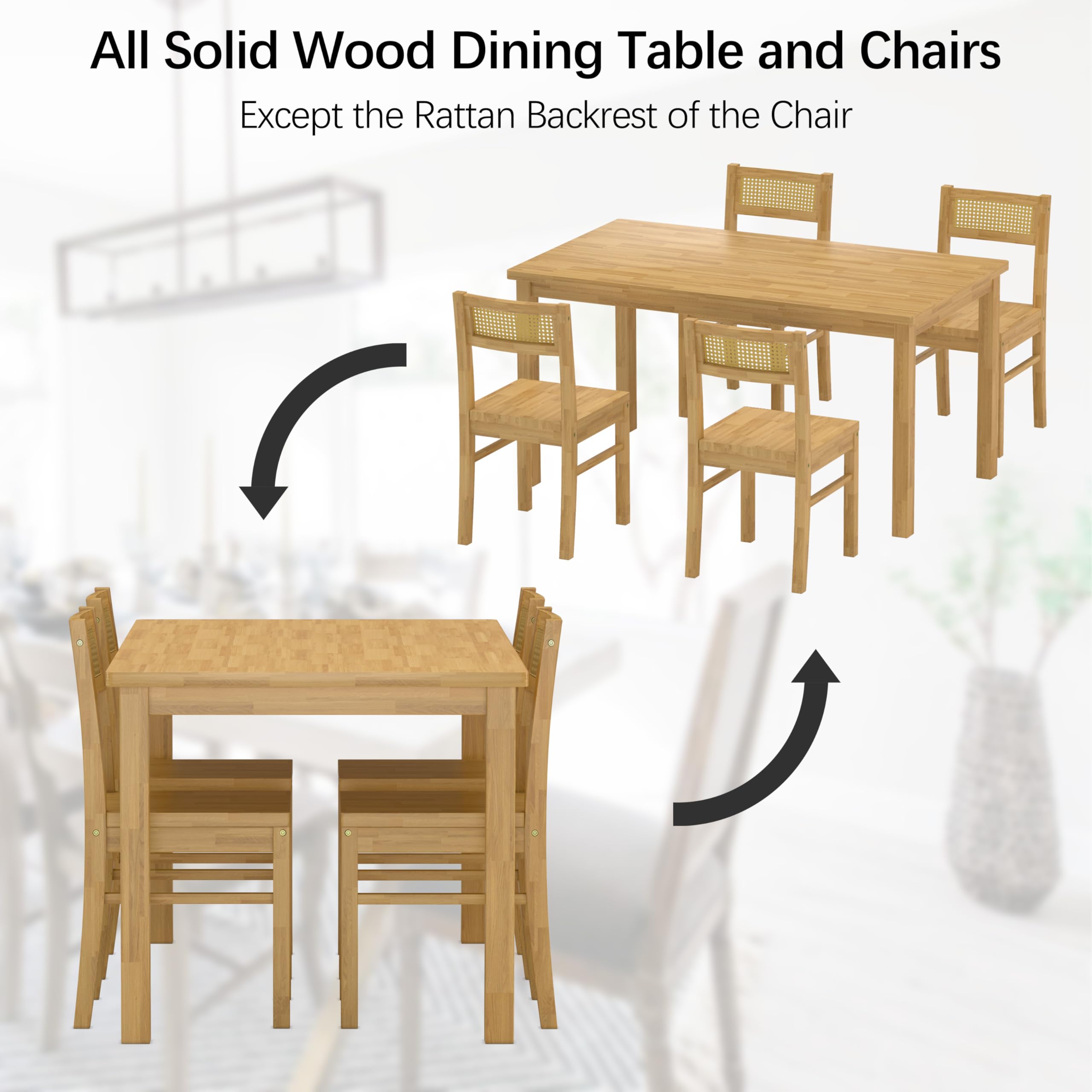 Solid Wood Dining Table Set for 4 with Woven Rattan Chairs