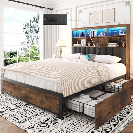 Queen Bed Frame with Headboard, Queen Bed Frame with High Storage Bookcase