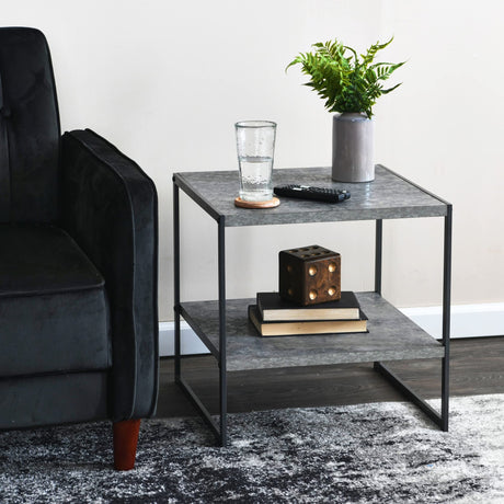 Jamestown Square Side End Table with Storage Shelf Rustic Slate Concrete and Black Metal