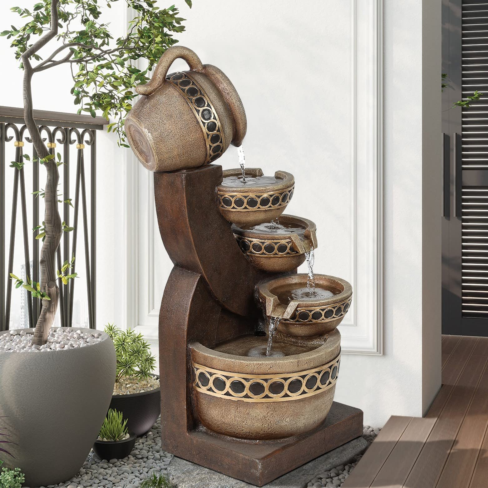 Outdoor Water Fountain, 5 Tiered Polyresin Cascading Pitchers Outdoor Fountains