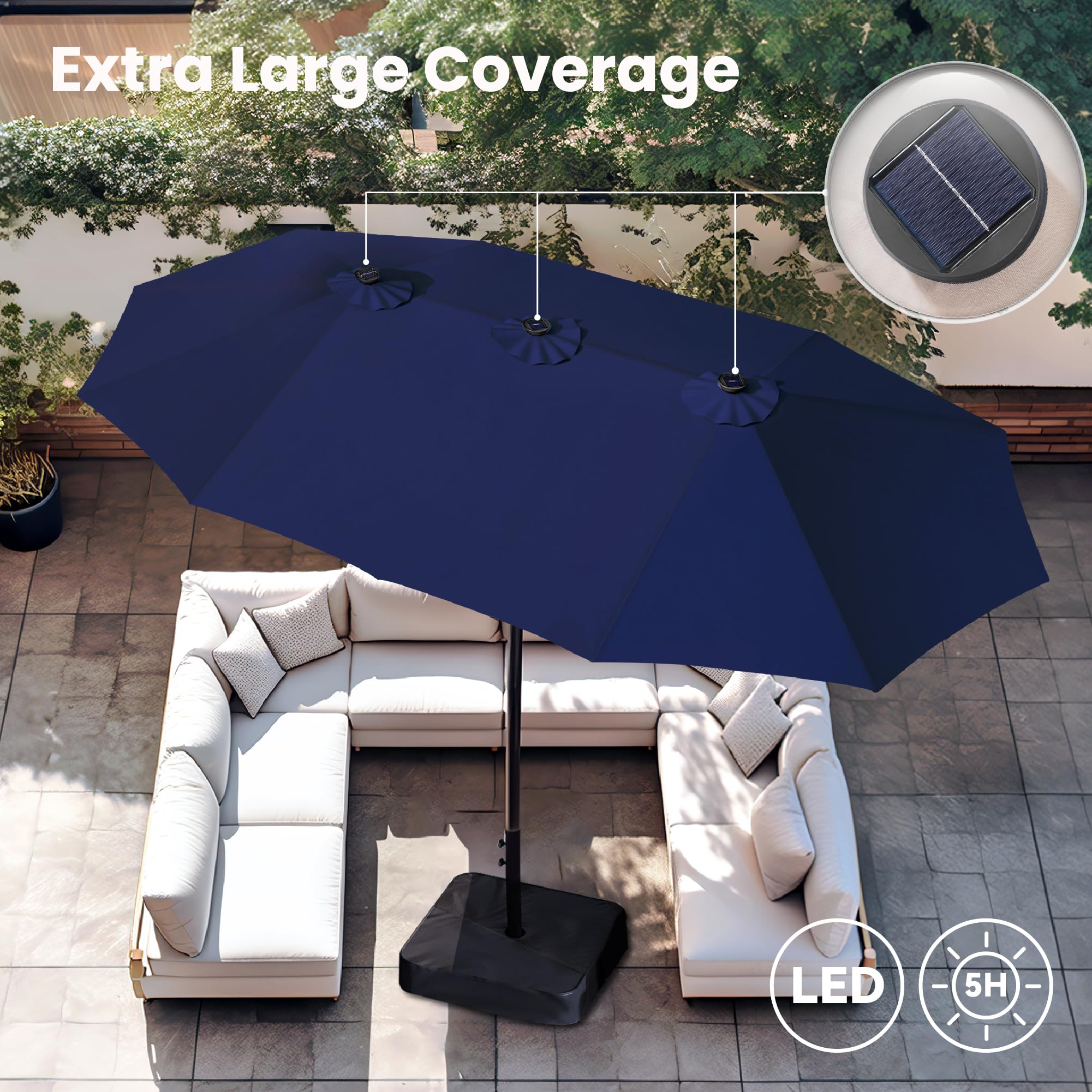 Large Patio Umbrella with Solar Lights, Double-Sided Outdoor Market Rectangle Umbrellas