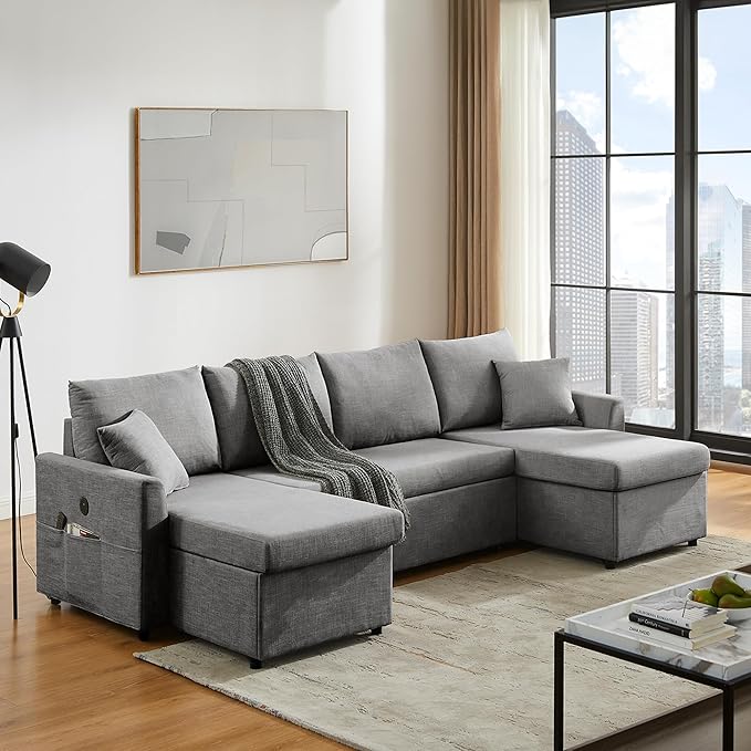 U Shaped Convertible Sleeper Sofa Bed, 108" Sectional Couch