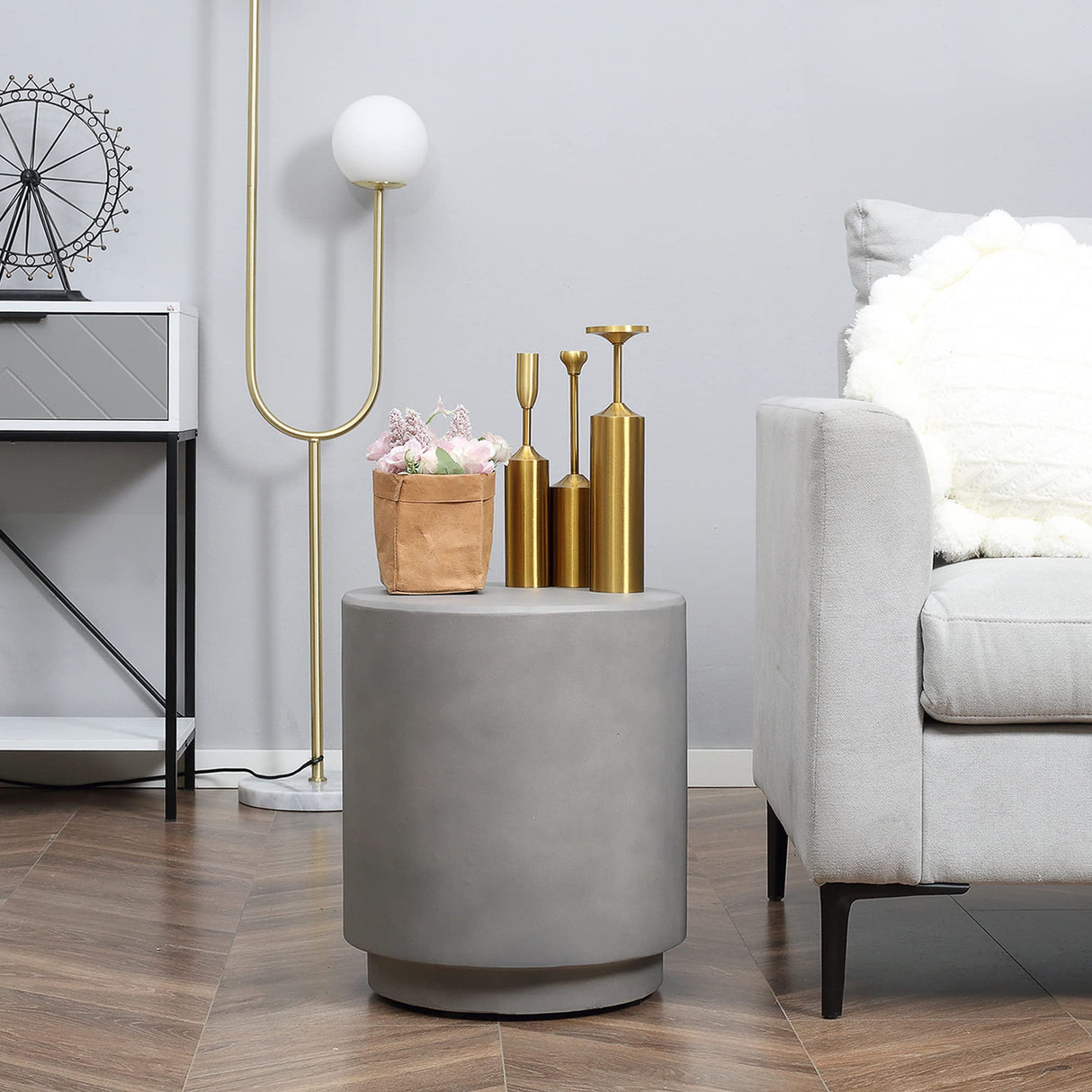 Round Side Table, Lightweight Accent Table with Concrete Finish, End Table