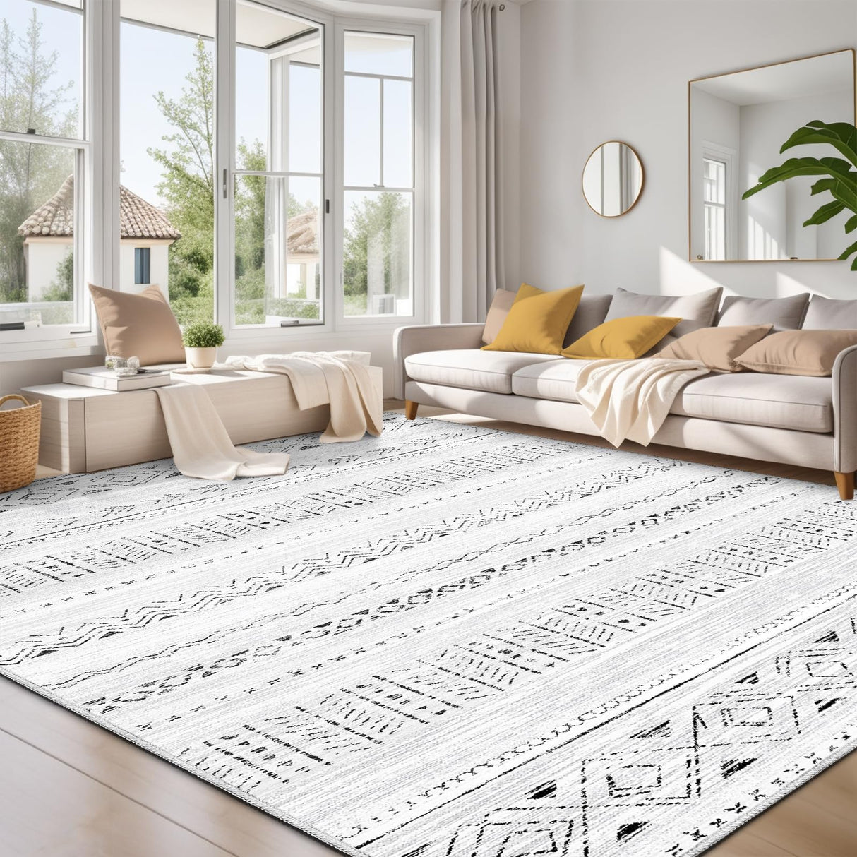 Large Living Room Area Rug 8x10: Soft Machine Washable Boho Moroccan Farmhouse Rugs for Bedroom Under Dining Table - Non Slip Neutral Morden Indoor Floor Rug Carpet for Home Office Decor - Grey