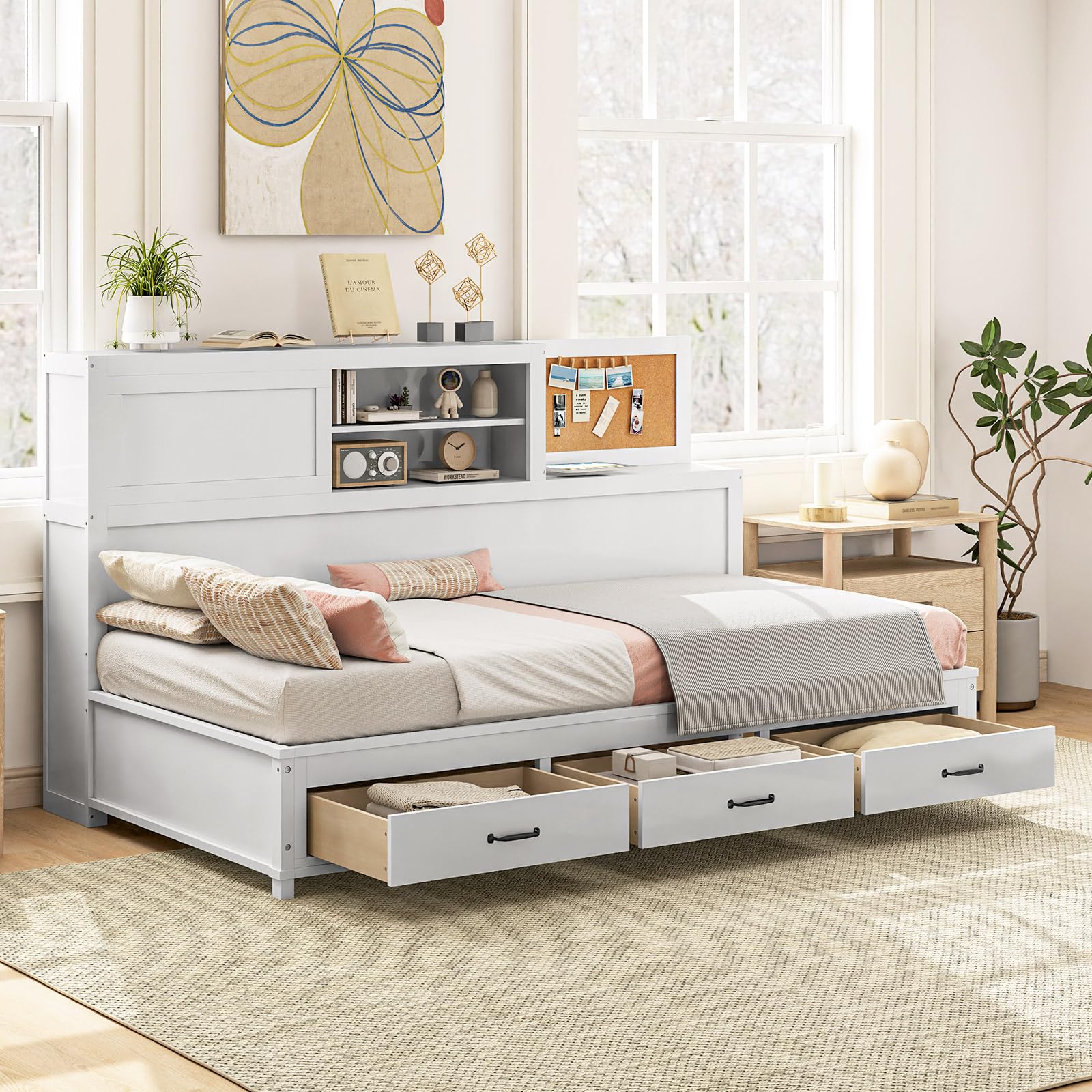 Storage, Wooden Day Bed with 3 Storage Drawers, Shelves, Cork Board & Sliding Door,