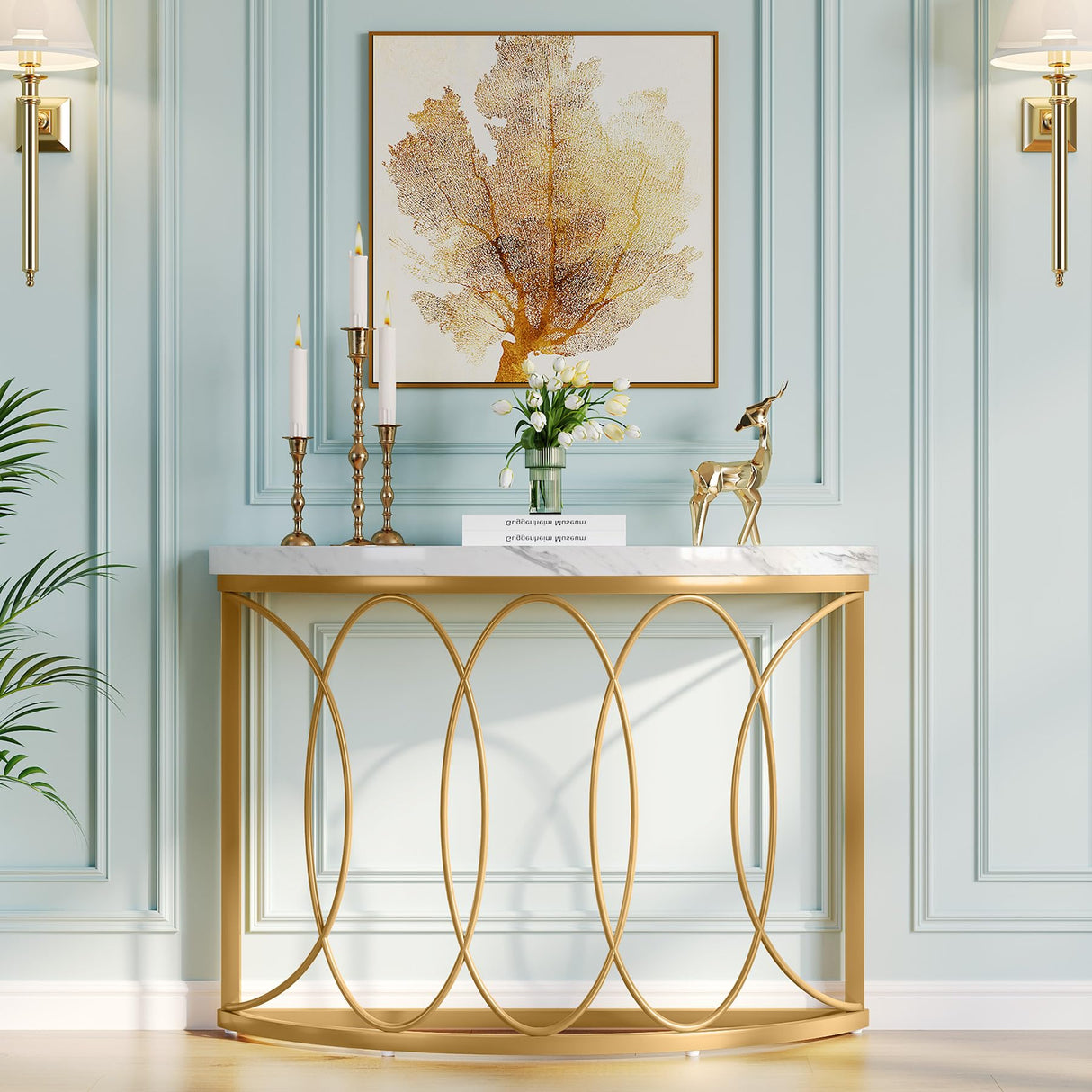 Half Moon Gold Console Table, 43 Inch Modern Faux Marble Entryway Table,