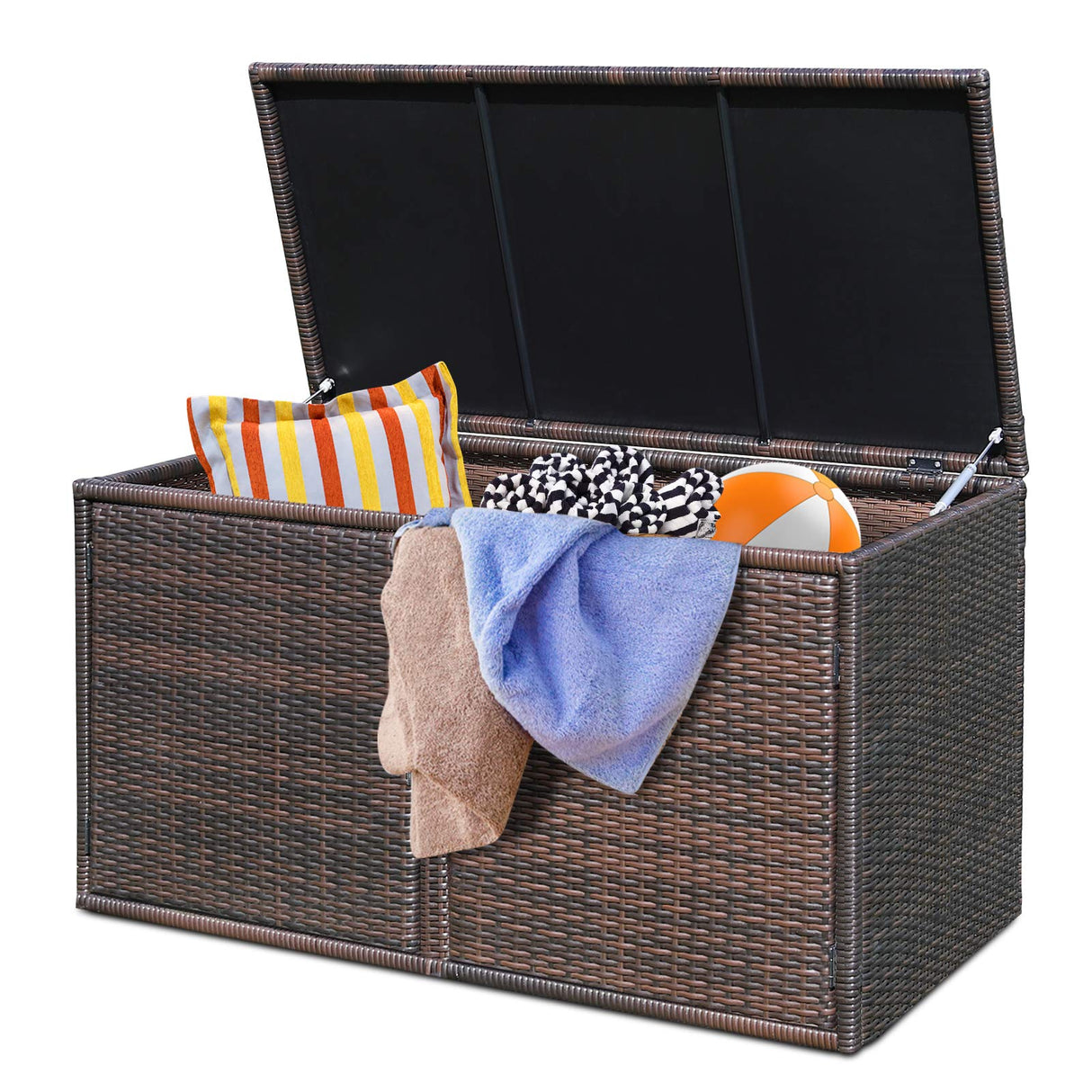 Outdoor Wicker Storage Box, Garden Deck Bin with Steel Frame, Rattan Storage Box
