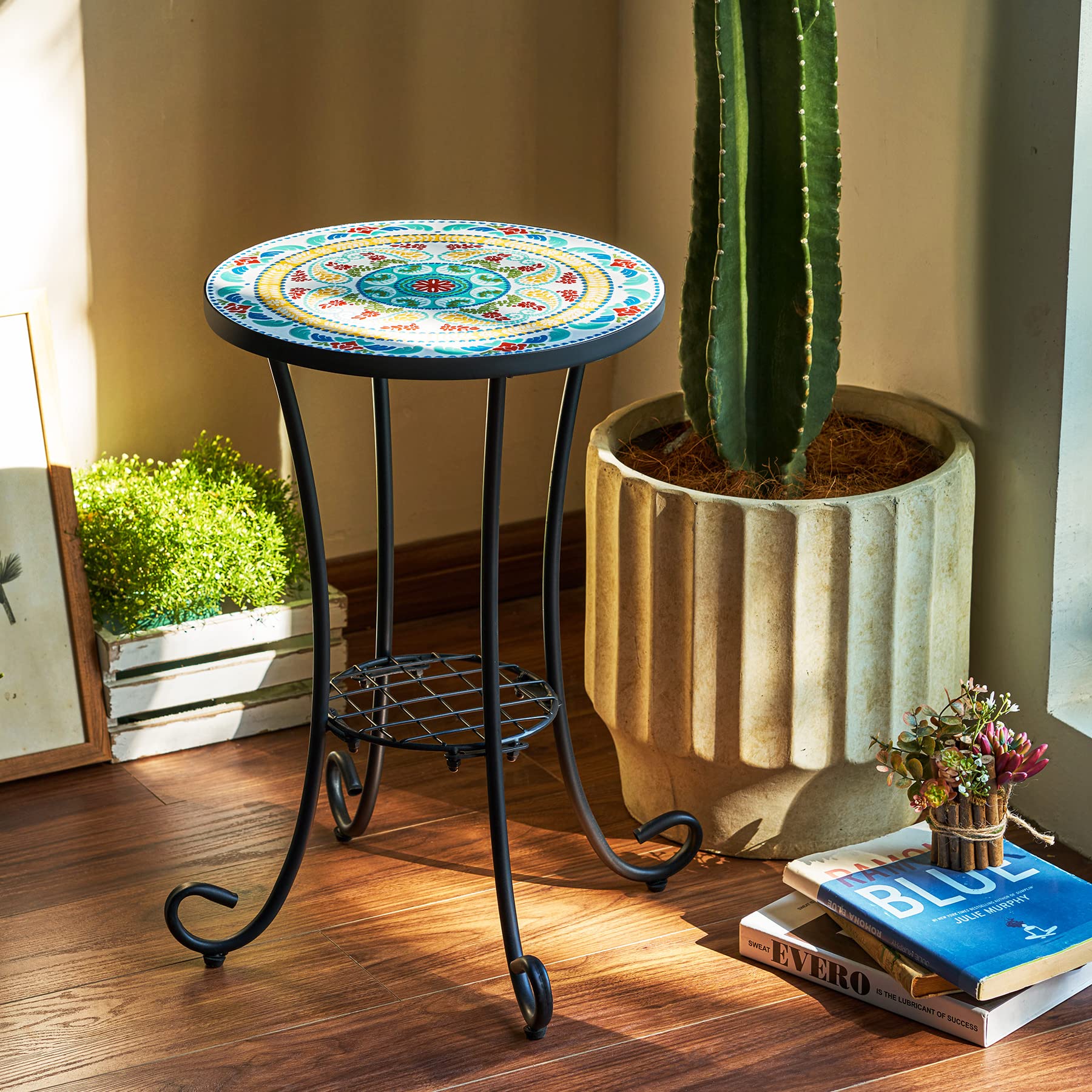 VONLUCE Patio Side Table and Plant Stand, 21" End Table with 14" Ceramic Tile Top for Porch Garden Decor, Indoor and Outdoor Accent Table, Living Room Bedroom Balcony Furniture for Home Garden, Floral - Bircata