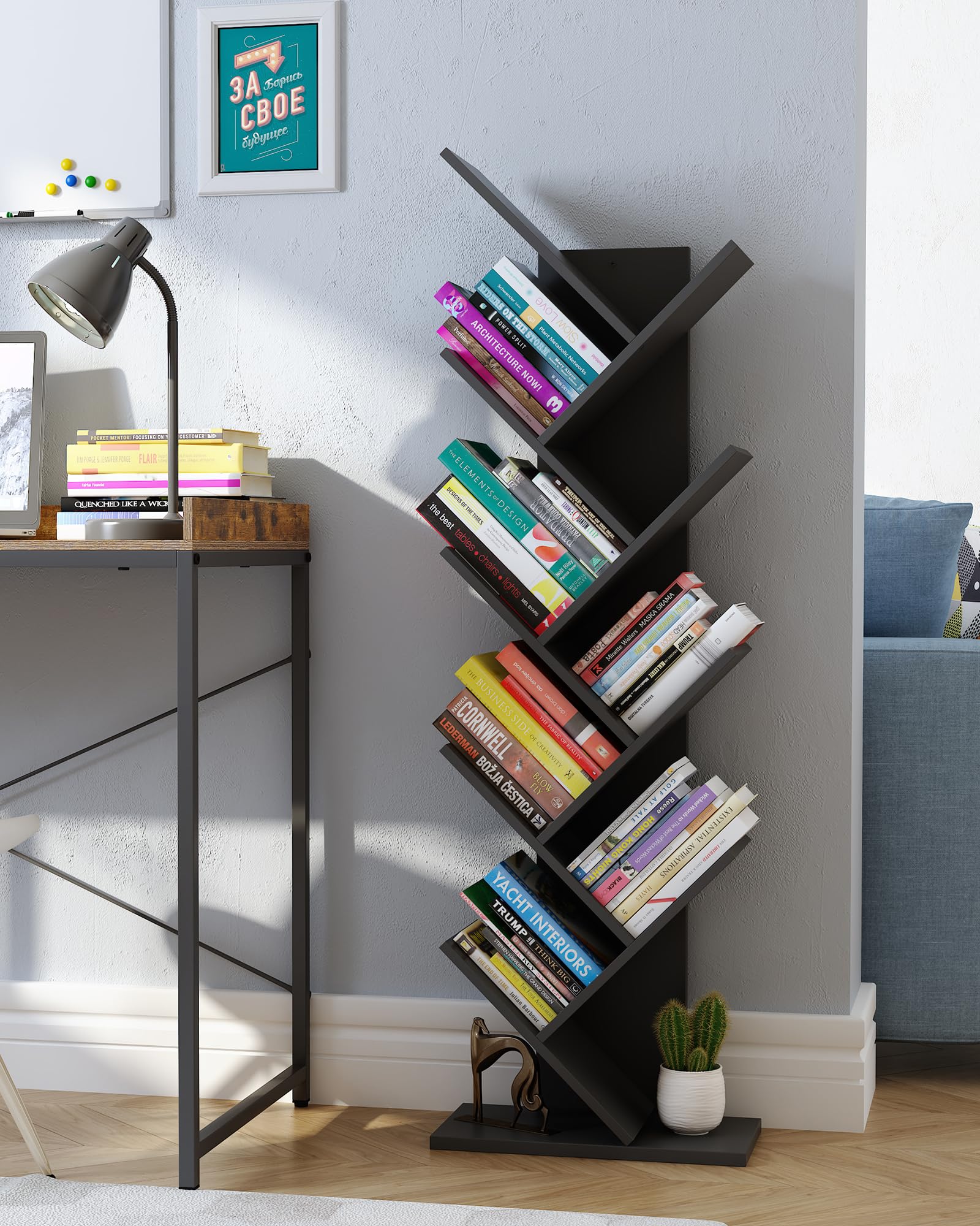 Yusong Tree Bookshelf, Floor Standing Bookcase with Steel Pipe for Living Room Bedroom, Shelves for Home Office (Black2, 9 Tier)