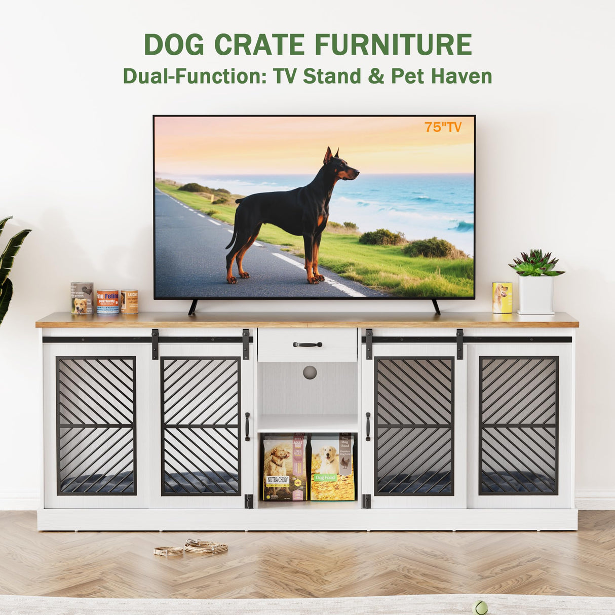 87" Double Dog Crate Furniture - Heavy Duty Indoor Kennel TV Stand