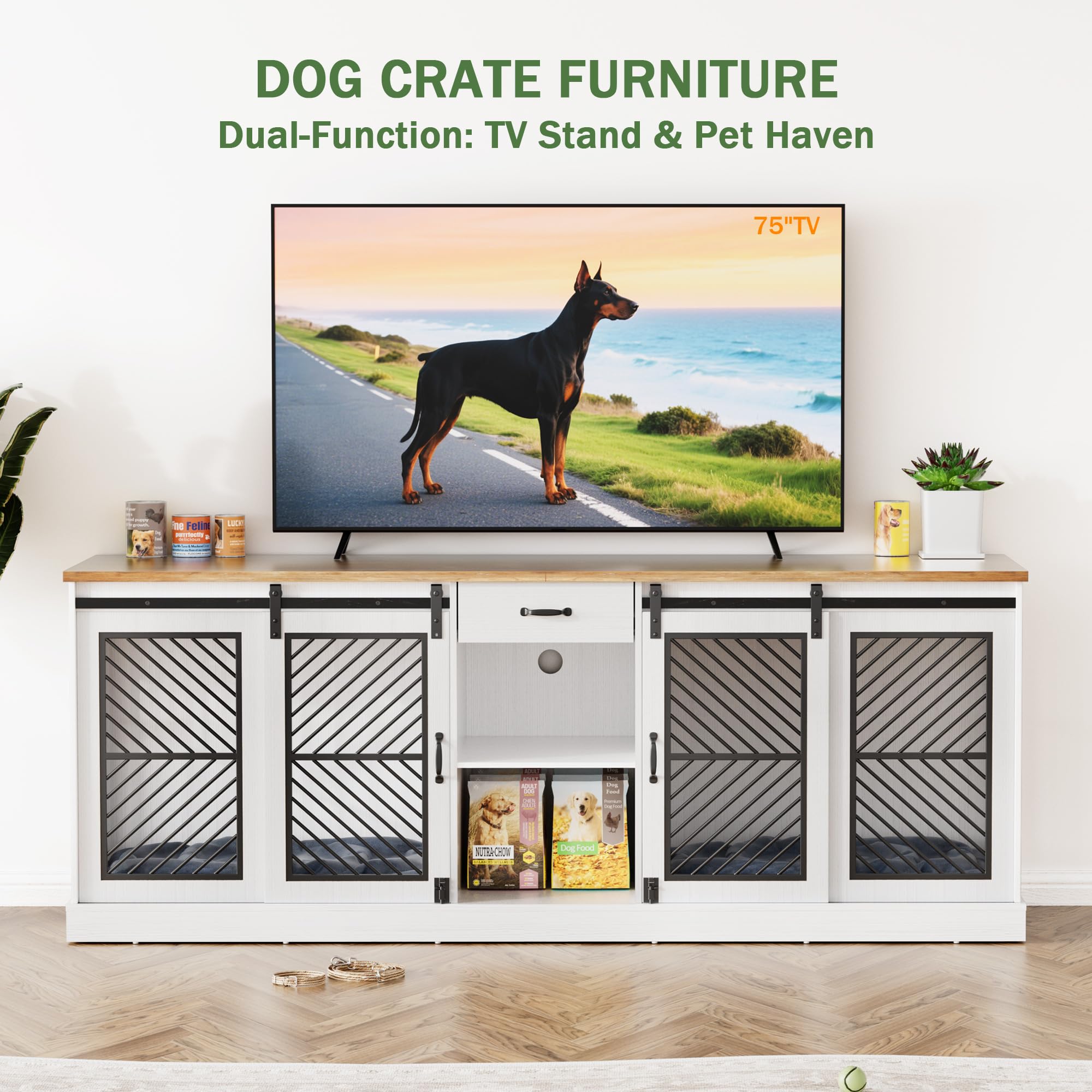 87" Double Dog Crate Furniture - Heavy Duty Indoor Kennel TV Stand