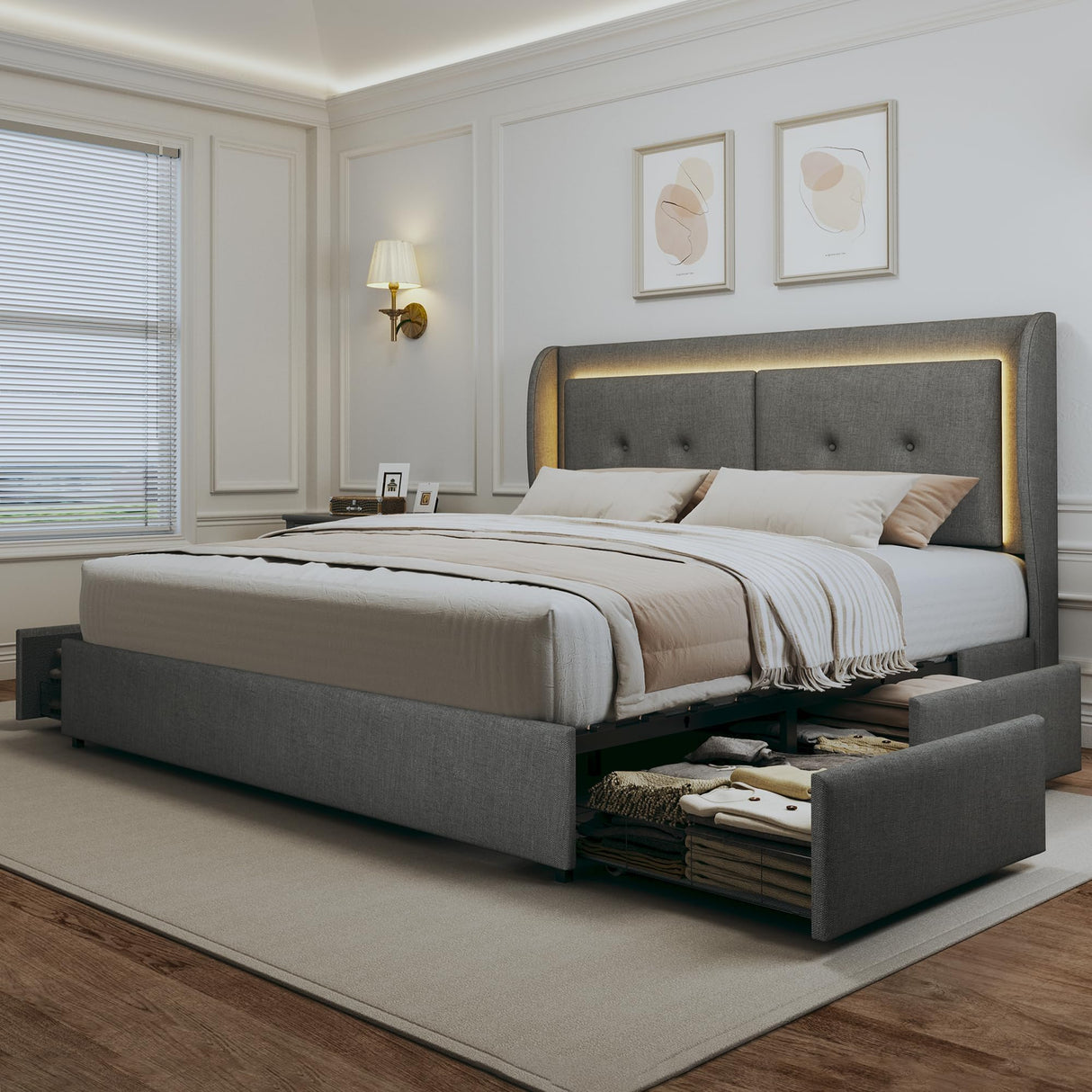Full Size Bed Frame with Storage Drawers, Upholstered LED Full Size Bed