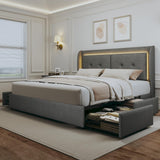 Full Size Bed Frame with Storage Drawers, Upholstered LED Full Size Bed