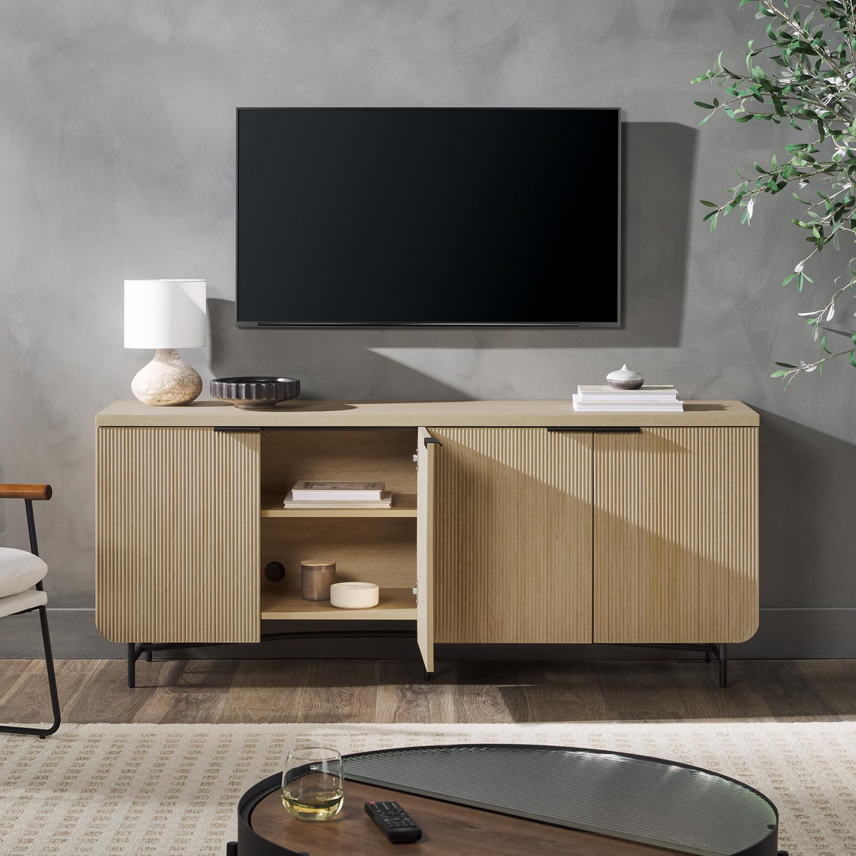 Modern Scandinavian Fluted Door Kitchen Storage Sideboard Buffet Cabinet Console,