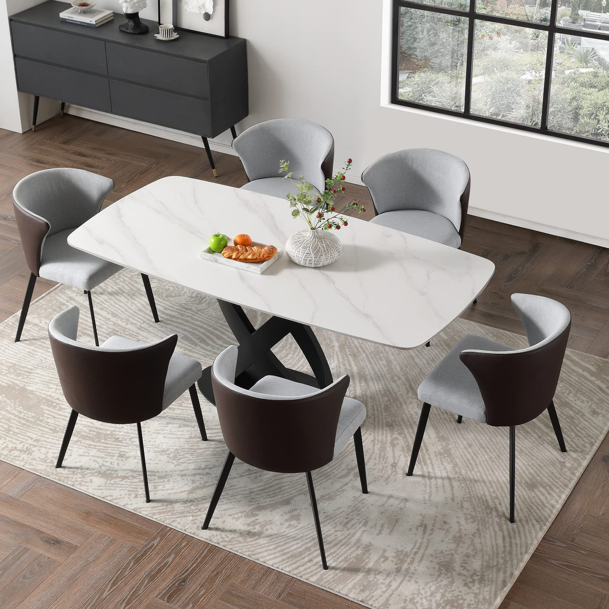 Modern Dining Table for 6, Matte White Dining Table Sintered Stone Dining Table Top