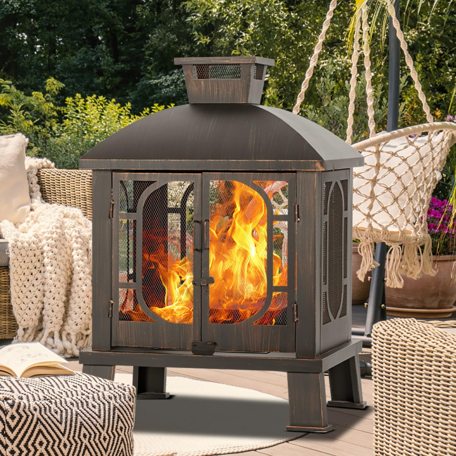 45" H×31''W Metal Chiminea Fire Pit with Grill, Wood Burning Fire Pits for Outside