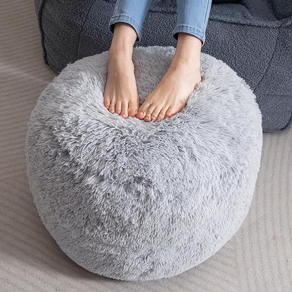 Round Stuffed Pouf Ottoman, Long Faux Fur Poufs with Foam Chunk Filling