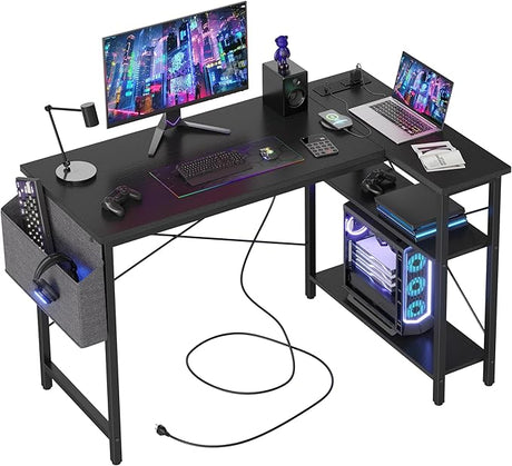 Small Computer Desk with Power Outlets, 40 Inch L Shaped Desk with Reversible Shelves