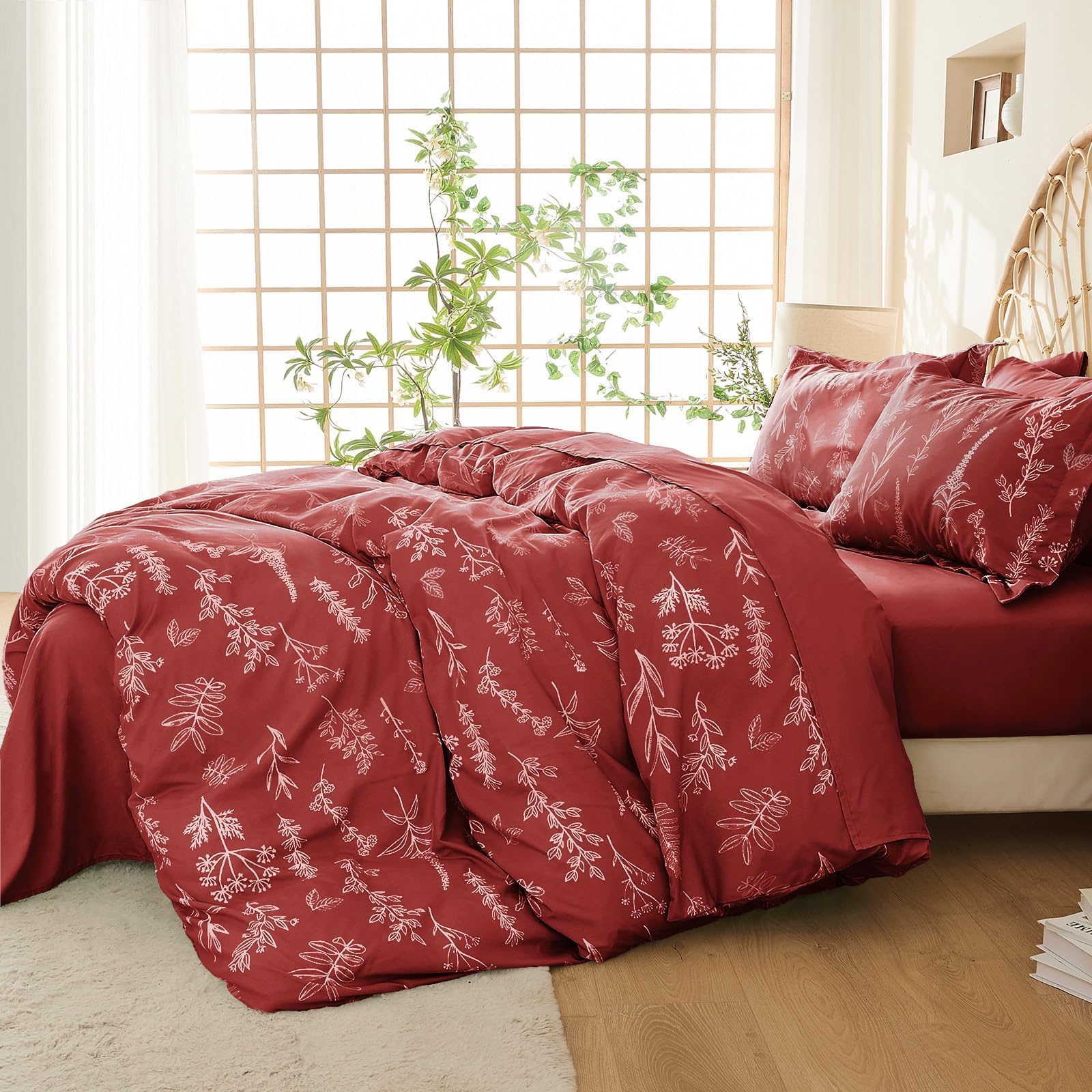 Terracotta Bed in a Bag Queen 7 Pieces, Queen Comforter Set Reversible Botanical Flowers Design,