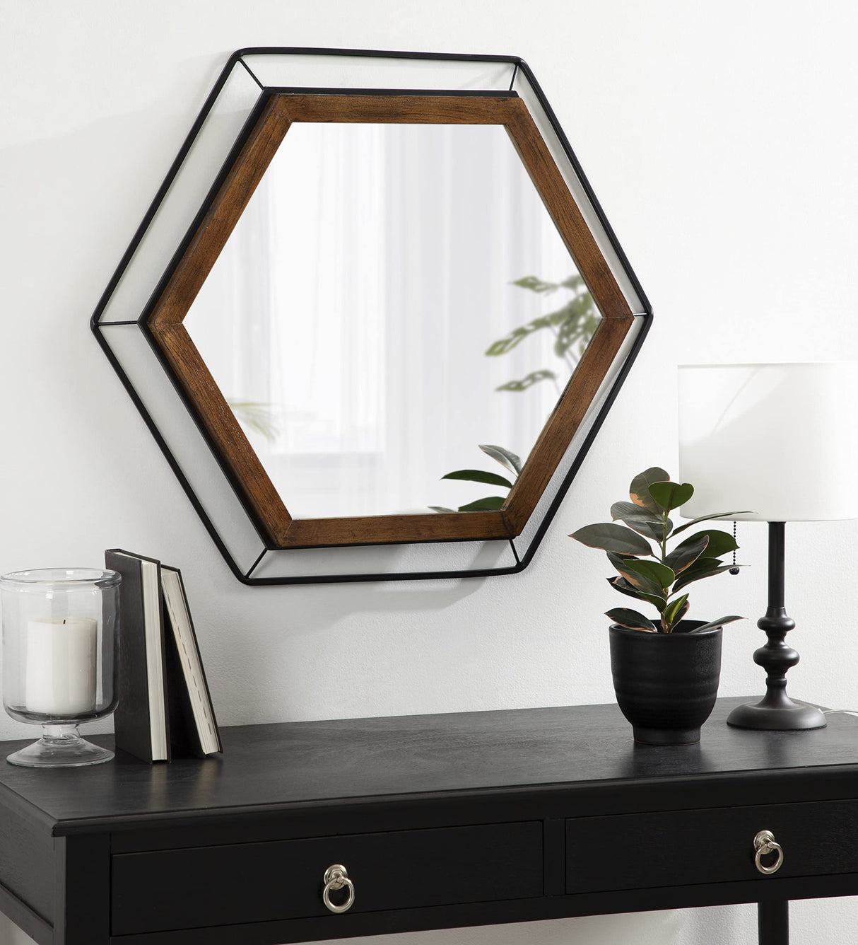 Wesman Modern Hexagon Wall Mirror, 28 x 28, Walnut and Black, Decorative Home Decor