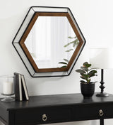 Wesman Modern Hexagon Wall Mirror, 28 x 28, Walnut and Black, Decorative Home Decor
