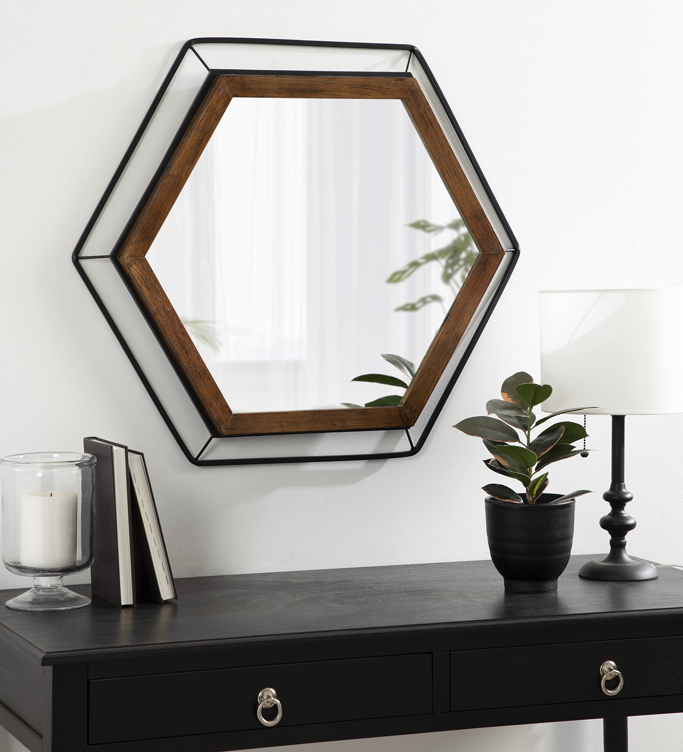 Wesman Modern Hexagon Wall Mirror, 28 x 28, Walnut and Black, Decorative Home Decor