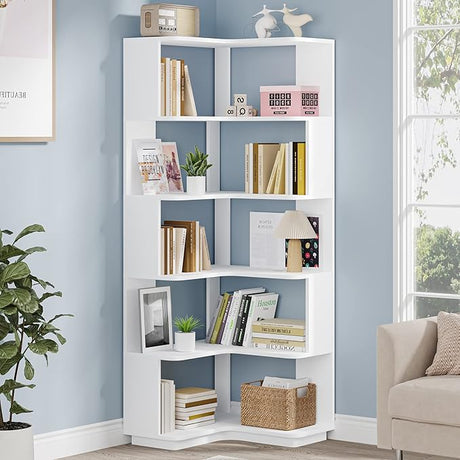 6-Tier Corner Bookshelf, 64.9 Inch Tall Bookcase with Anti-Drop Panel, Industrial Freestanding