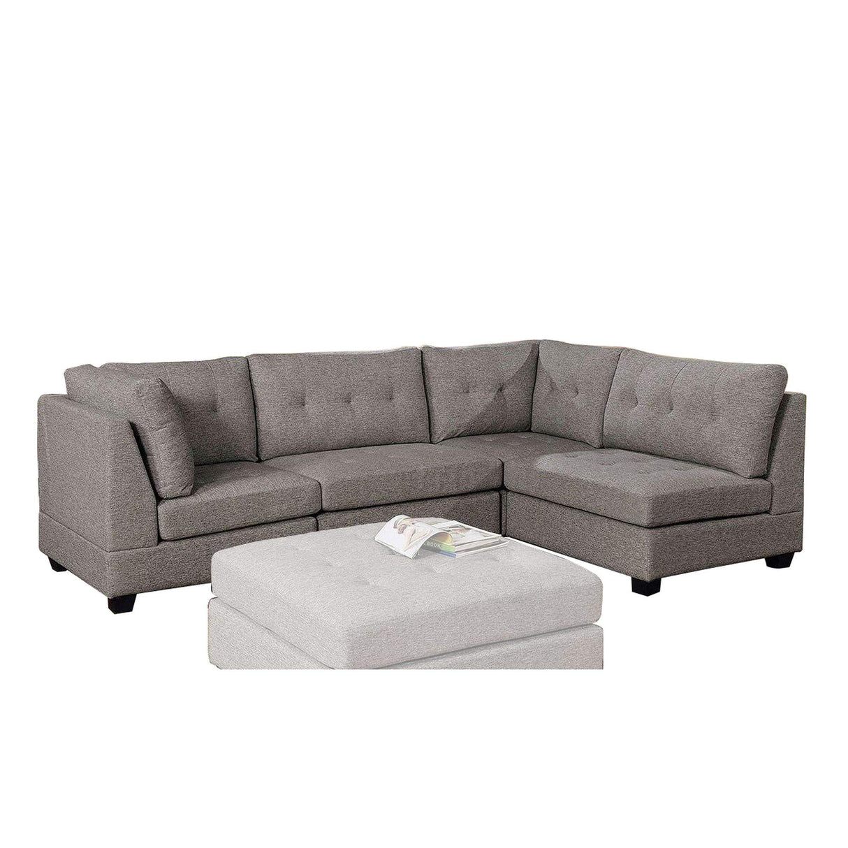 Benjara Fabric Sectional Sofa with Tufted Box Cushion Seat and Fixed Back, Gray