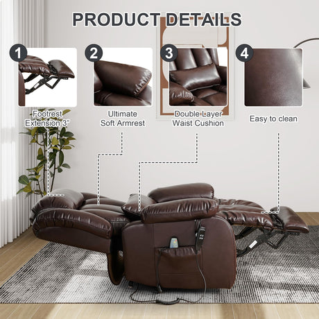 EDILLY Large Genuine Leather Power Lift Recliner Chair for Elderly, Dual Motor with Massage and Heating,with Double Lumbar Cushion and Extended Footrest,USB Port and Remote(Brown)