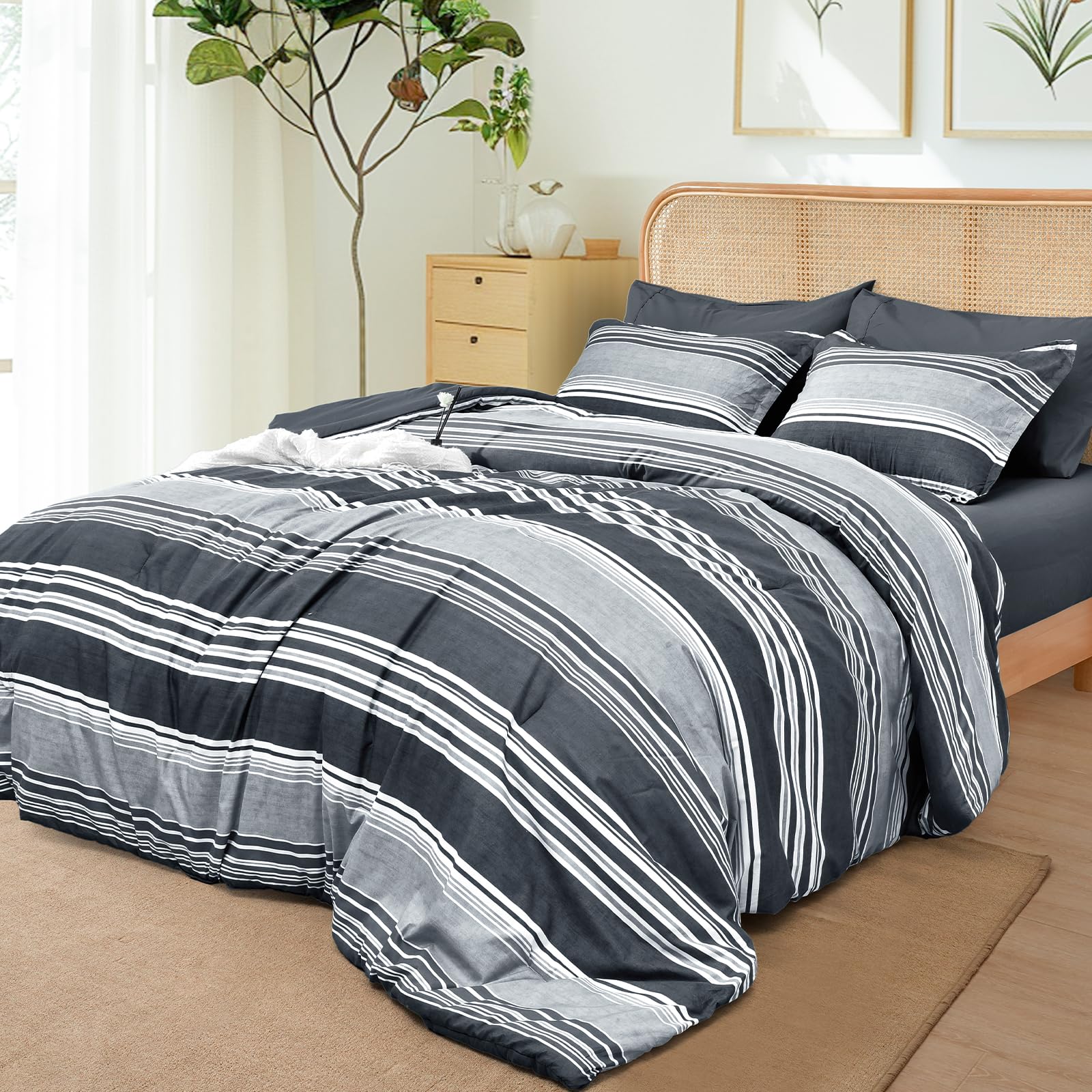 7 Pieces Queen Comforter Set, Striped Bed in A Bag, Charcoal Grey Stripe Comforter