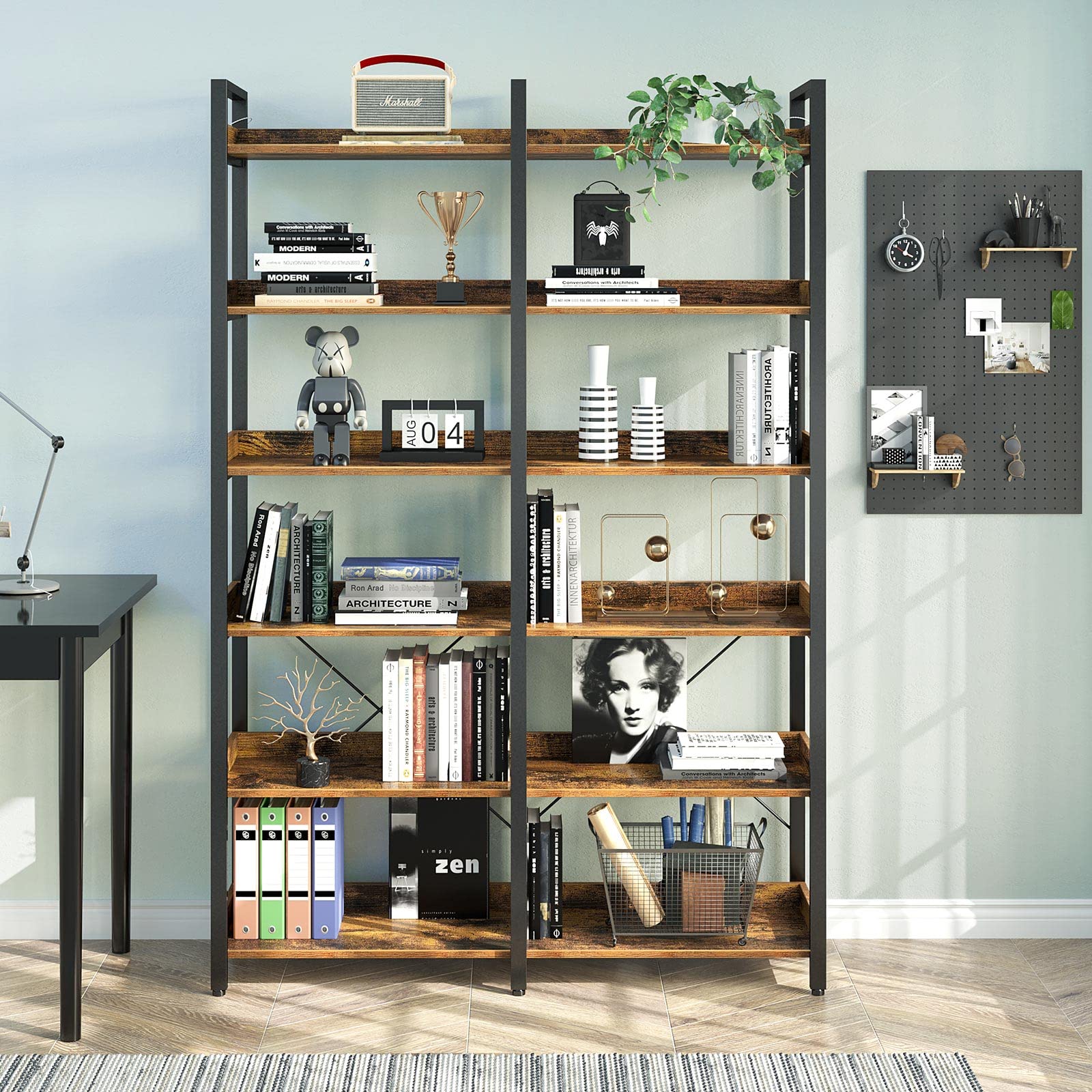 Bookshelf 6 Tier with 4 Hooks, 67” Industrial Wooden Bookcase, Vintage Storage Rack with Open Shelves, Rustic Standing Bookshelves Metal Frame 43.3” Wide Display Rack, Rustic Brown