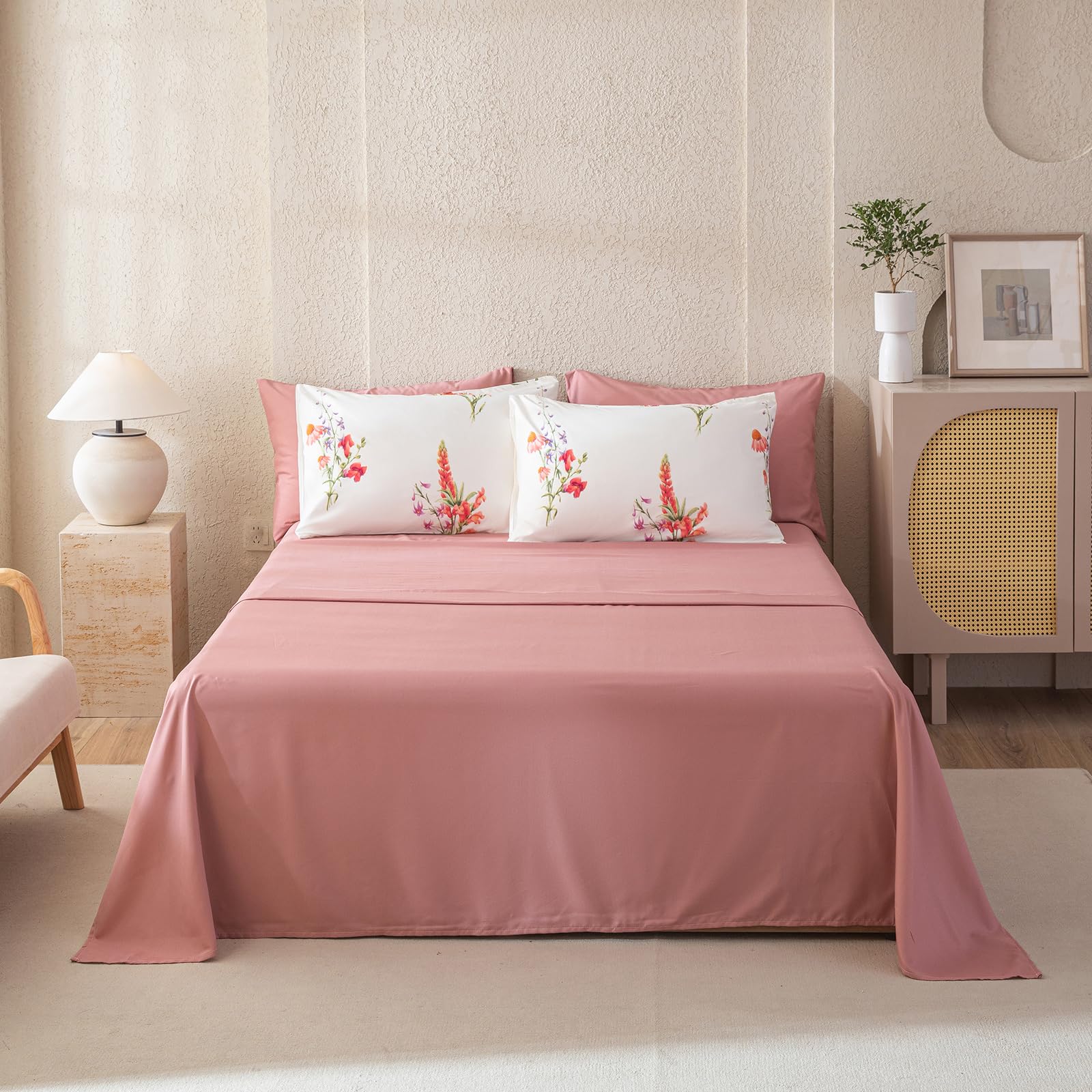8 Pcs Bed in a Bag Queen Botanical Floral Comforter Set Pink Flowers