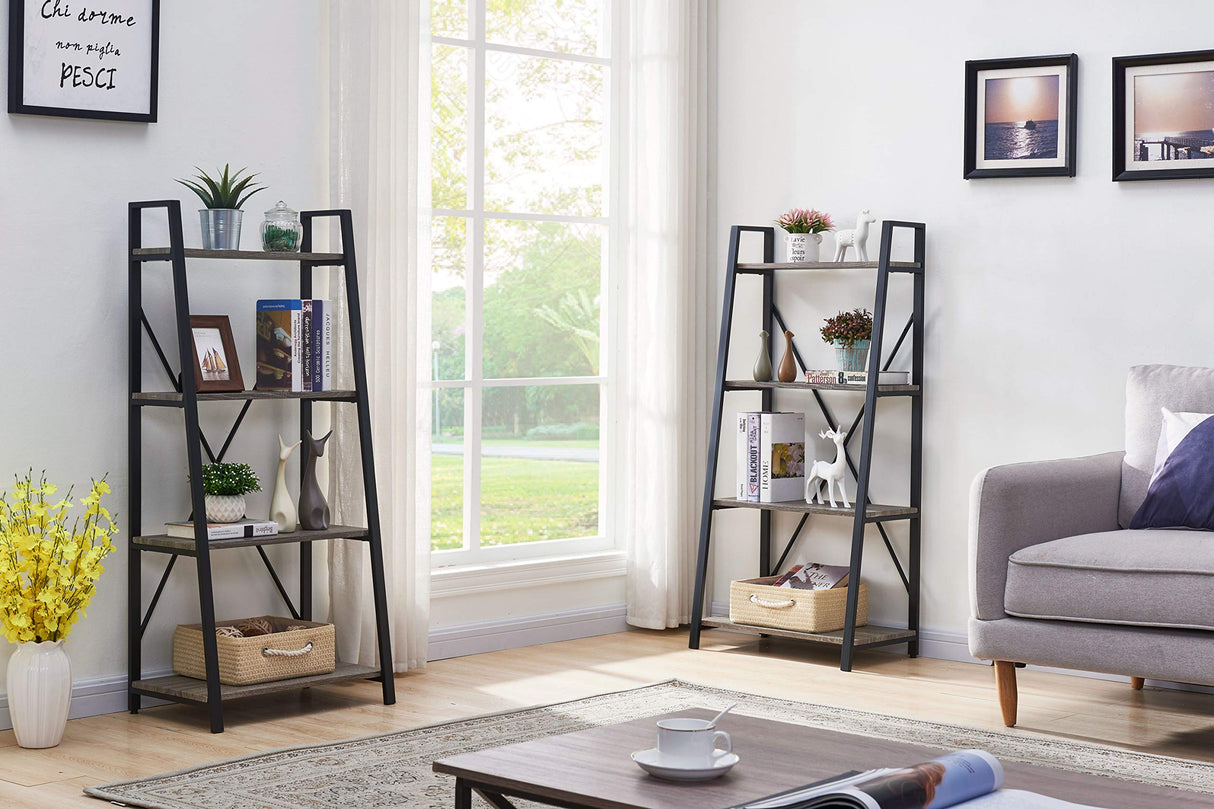 Rustic Ladder Bookshelf, 4 Tier Industrial Ladder Shelf Bookcase, Standing Leaning Book