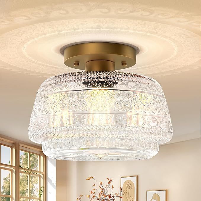 Semi Flush Mount Ceiling Light, Globe Glass Ceiling Light Fixture, Black Close to Ceiling