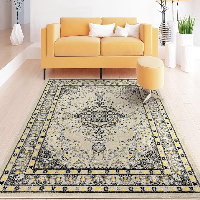 Oriental 5x7 Traditional Medallion Indoor Area Rug Siesta (Black Beige, 5'3" x 7')