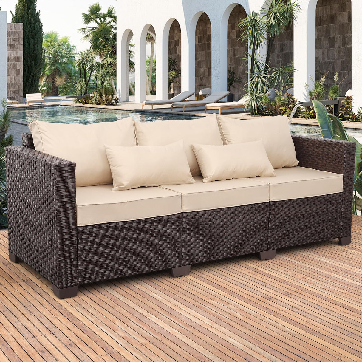 Brown Wicker 3-Seater Outdoor Sofa - Deep Seat, High Backrest