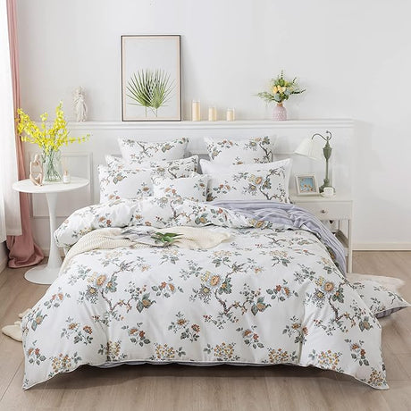 White Floral Duvet Cover Set 100% Cotton Farmhouse Bedding with Hidden Zipper Closure 3 Pieces,