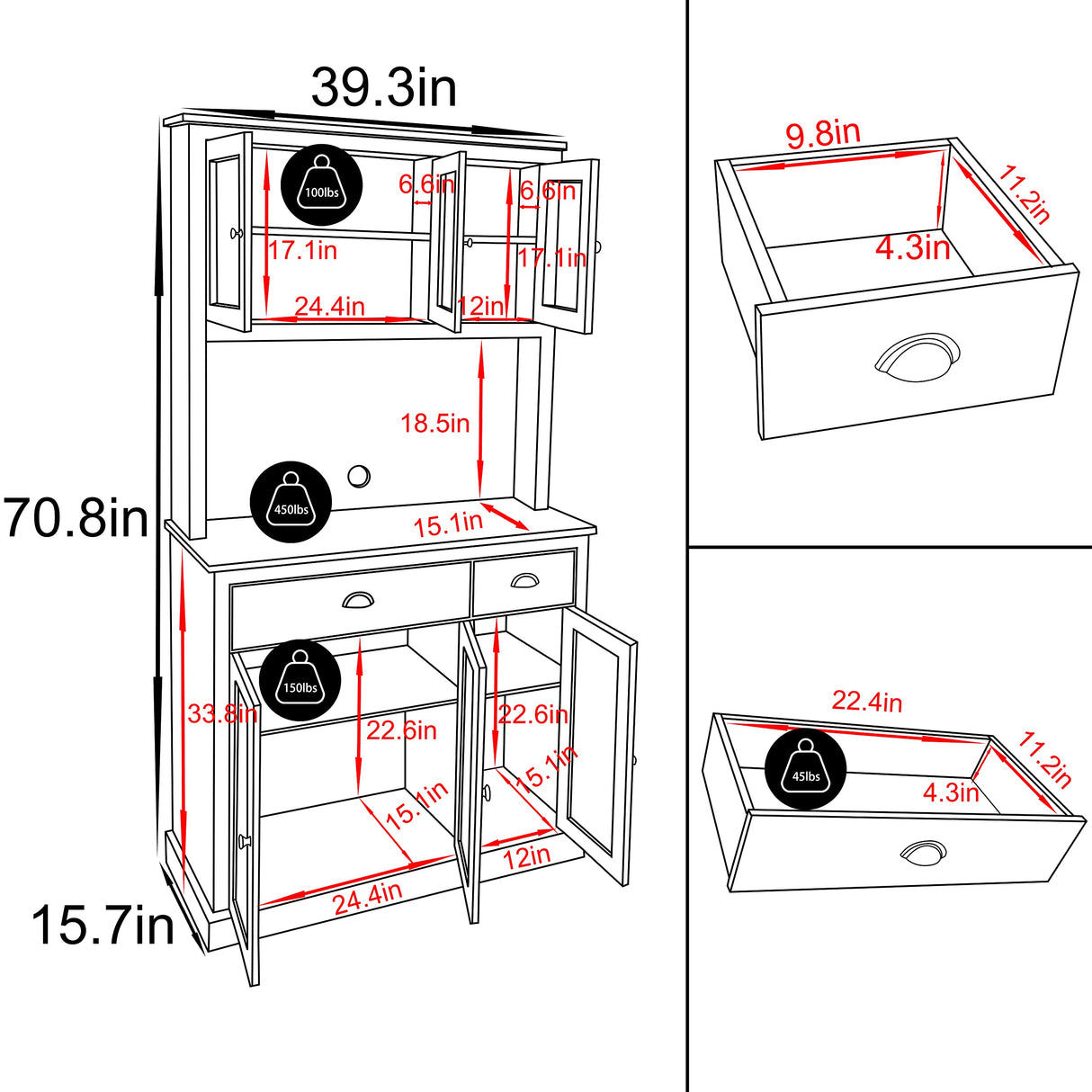 72" Kitchen Pantry Cabinet, Traditional Freestanding Storage Cabinet with 4 Doors