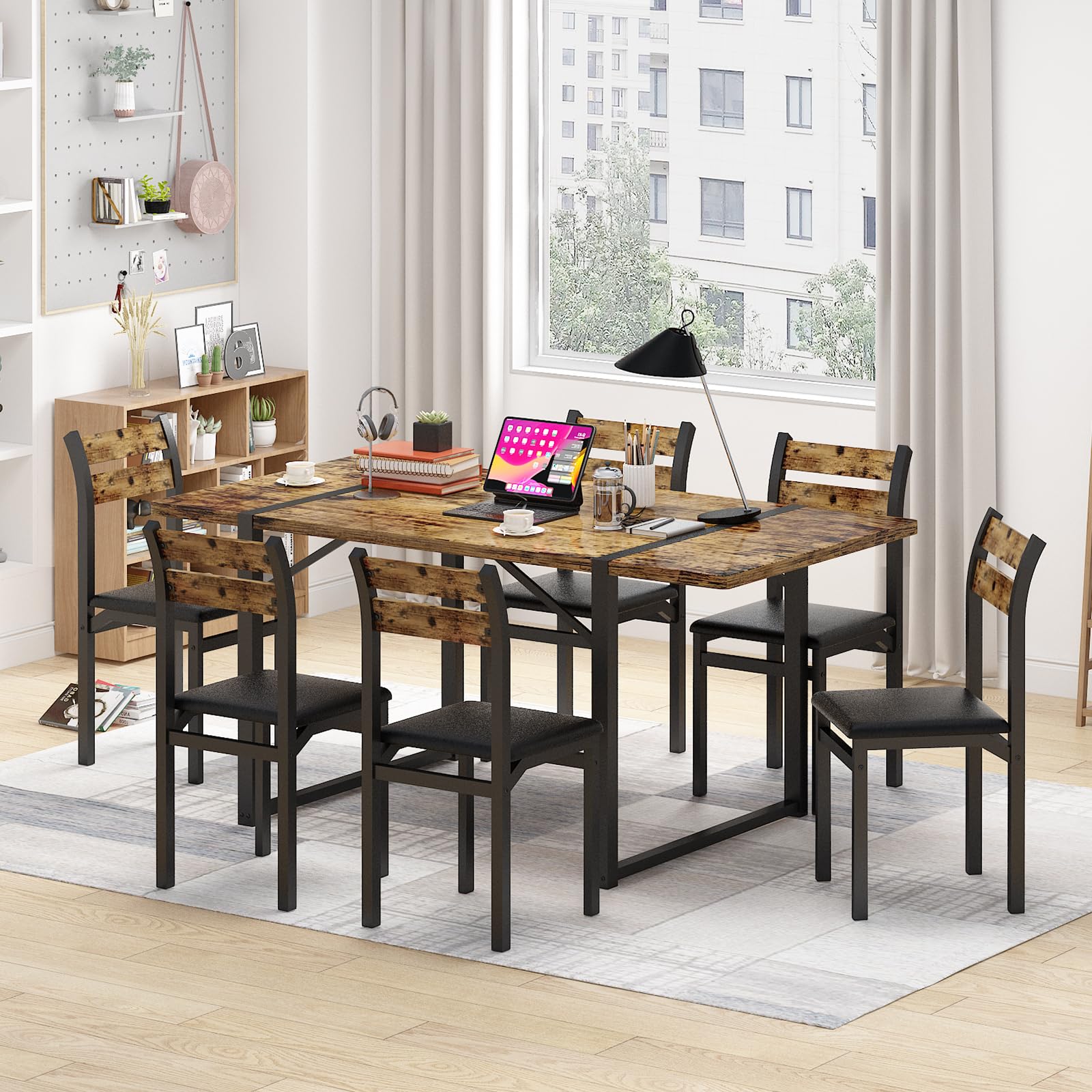 7-Piece Dining Table Set with Upholstered Chairs - 55" Farmhouse Style